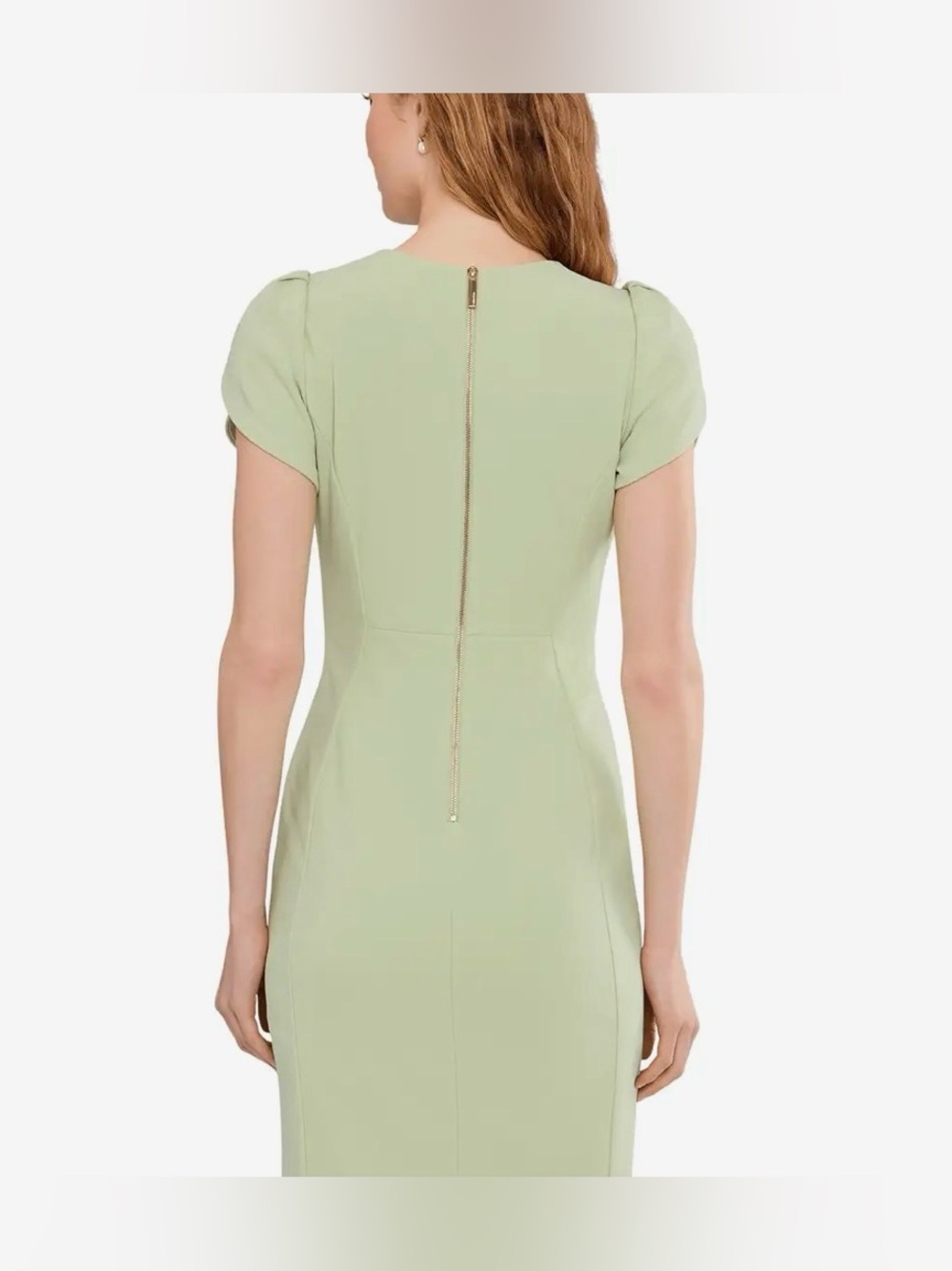 Calvin Klein NWT Sage Green Tulip Sleeve Sheath Dress With Silver Exposed Zipper - Picture 4 of 10